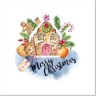Watercolor Christmas Gingerbread house Posters and Art